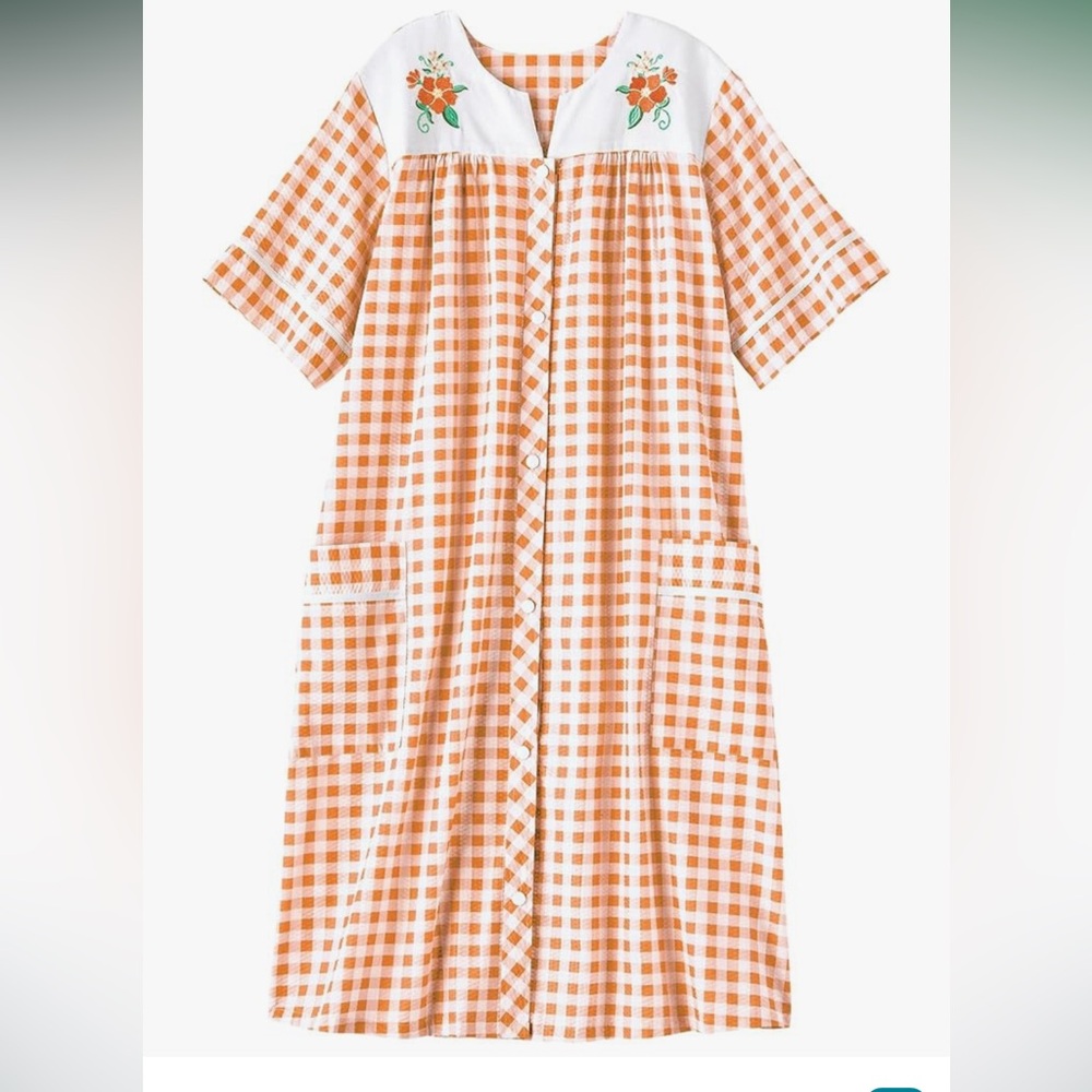 Orange Checkered Women's Robe with Floral Detail
